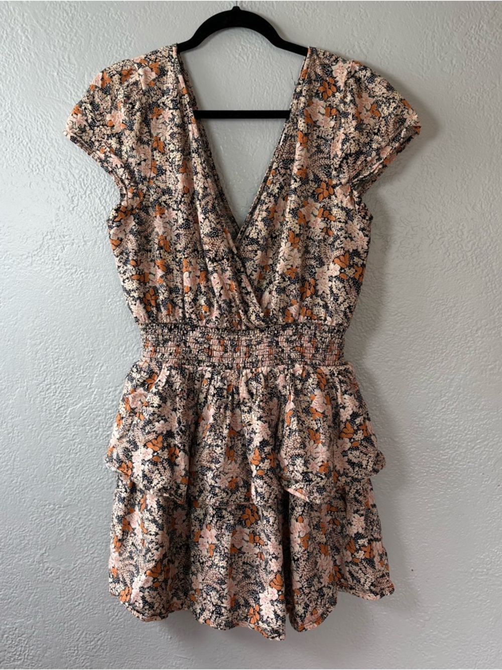 Floral V-Neck Tiered Smocked Waist Dress - Orange Black American Eagle Medium